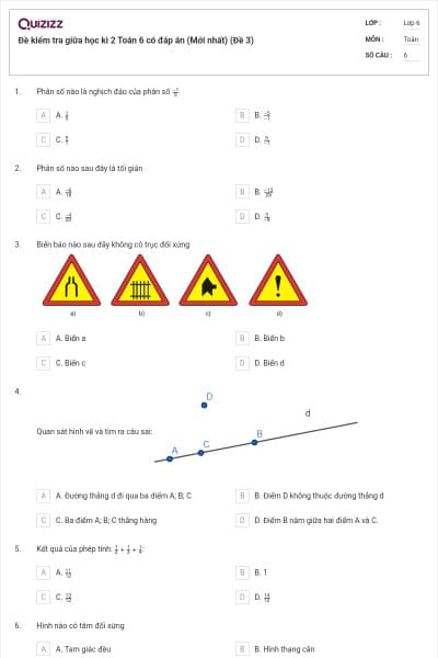 Đề kiểm tra giữa học kì 2 Toán 6 có đáp án (Mới nhất) (Đề 3)
