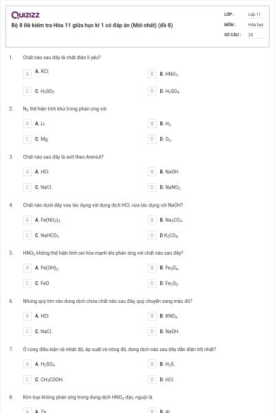 Bộ 8 Đề kiểm tra Hóa 11 giữa học kì 1 có đáp án (Mới nhất) (đề 8)
