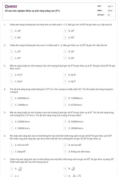 30 câu trắc nghiệm Khúc xạ ánh sáng nâng cao (P1)