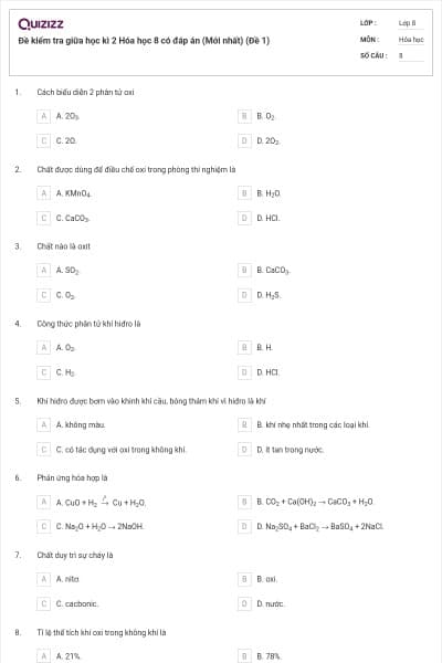 Đề kiểm tra giữa học kì 2 Hóa học 8 có đáp án (Mới nhất) (Đề 1)