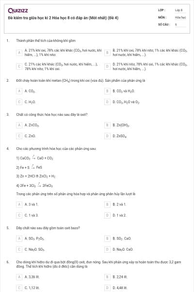 Đề kiểm tra giữa học kì 2 Hóa học 8 có đáp án (Mới nhất) (Đề 4)