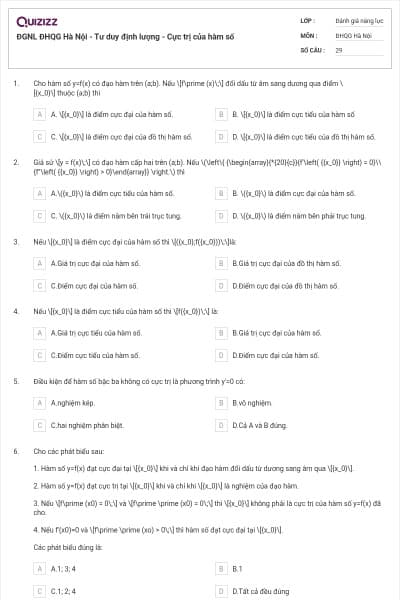 ĐGNL ĐHQG Hà Nội - Tư duy định lượng - Cực trị của hàm số