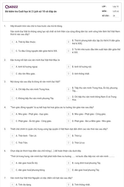Đề kiểm tra Cuối học kì 2 Lịch sử 10 có đáp án
