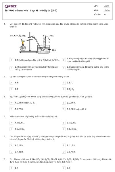 Bộ 10  Đề kiểm tra Hóa 11 học kì 1 có đáp án (đề 5)