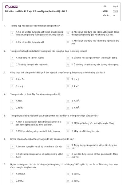 Đề kiểm tra Giữa kì 2 Vật lí 8 có đáp án (Mới nhất) - Đề 2