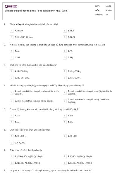 Đề kiểm tra giữa học kì 2 Hóa 12 có đáp án (Mới nhất) (Đề 8)