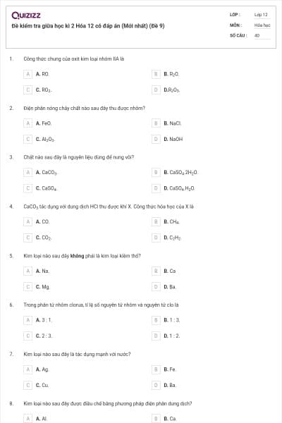 Đề kiểm tra giữa học kì 2 Hóa 12 có đáp án (Mới nhất) (Đề 9)