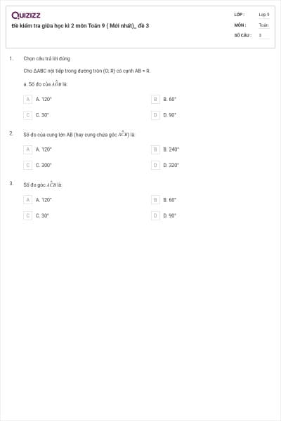 Đề kiểm tra giữa học kì 2 môn Toán 9 ( Mới nhất)_ đề 3