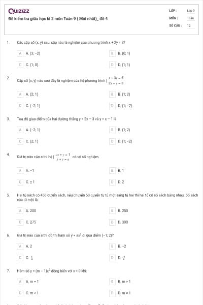 Đề kiểm tra giữa học kì 2 môn Toán 9 ( Mới nhất)_ đề 4