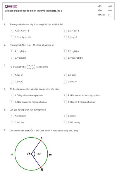 Đề kiểm tra giữa học kì 2 môn Toán 9 ( Mới nhất)_ đề 5