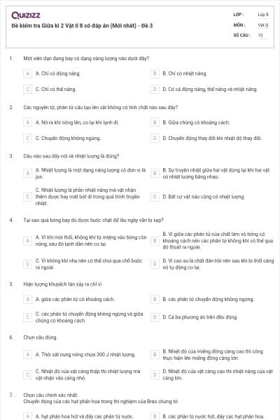 Đề kiểm tra Giữa kì 2 Vật lí 8 có đáp án (Mới nhất) - Đề 3