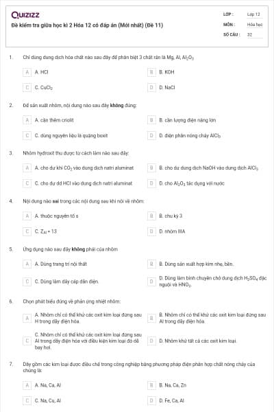 Đề kiểm tra giữa học kì 2 Hóa 12 có đáp án (Mới nhất) (Đề 11)
