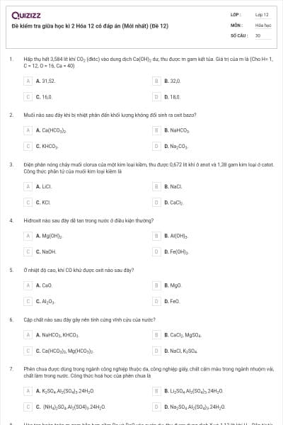 Đề kiểm tra giữa học kì 2 Hóa 12 có đáp án (Mới nhất) (Đề 12)