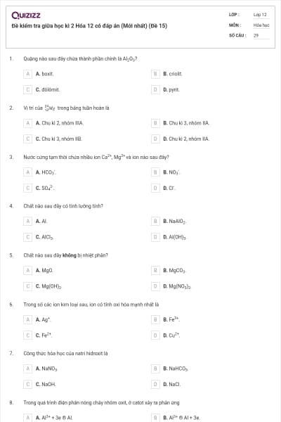 Đề kiểm tra giữa học kì 2 Hóa 12 có đáp án (Mới nhất) (Đề 15)