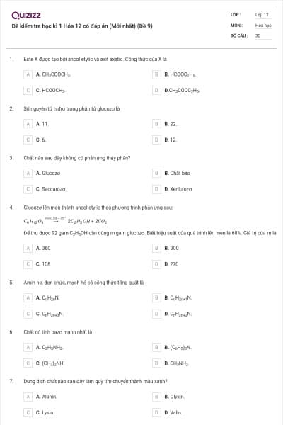 Đề kiểm tra học kì 1 Hóa 12 có đáp án (Mới nhất) (Đề 9)