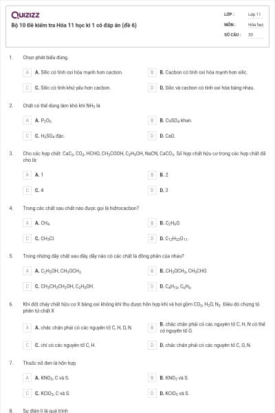 Bộ 10  Đề kiểm tra Hóa 11 học kì 1 có đáp án (đề 6)