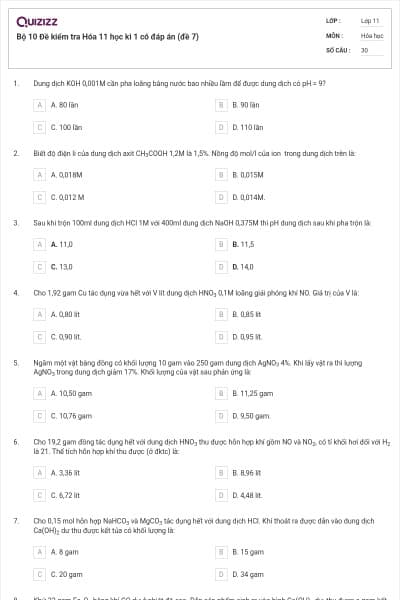 Bộ 10  Đề kiểm tra Hóa 11 học kì 1 có đáp án (đề 7)