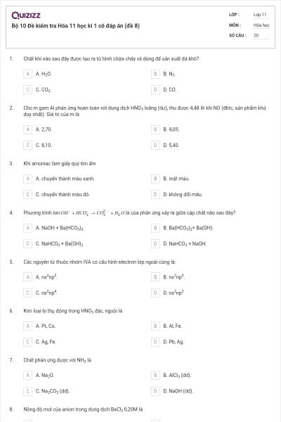 Bộ 10  Đề kiểm tra Hóa 11 học kì 1 có đáp án (đề 8)
