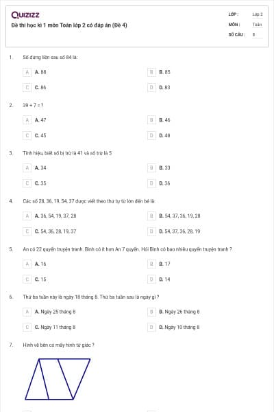 Đề thi học kì 1 môn Toán lớp 2 có đáp án (Đề 4)
