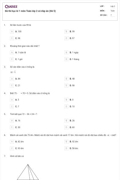 Đề thi học kì 1 môn Toán lớp 2 có đáp án (Đề 5)