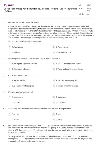 20 câu Tiếng Anh lớp 7 Unit 1: What do you like to do - Reading - Explore New Worlds có đáp án