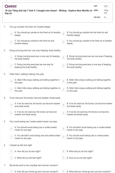 18 câu Tiếng Anh lớp 7 Unit 3: I bought new shoes! - Writing - Explore New Worlds có đáp án