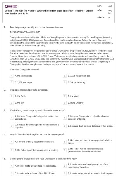 20 câu Tiếng Anh lớp 7 Unit 4: What's the coldest place on earth? - Reading - Explore New Worlds có đáp án