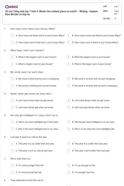 20 câu Tiếng Anh lớp 7 Unit 4: What's the coldest place on earth? - Writing - Explore New Worlds có đáp án