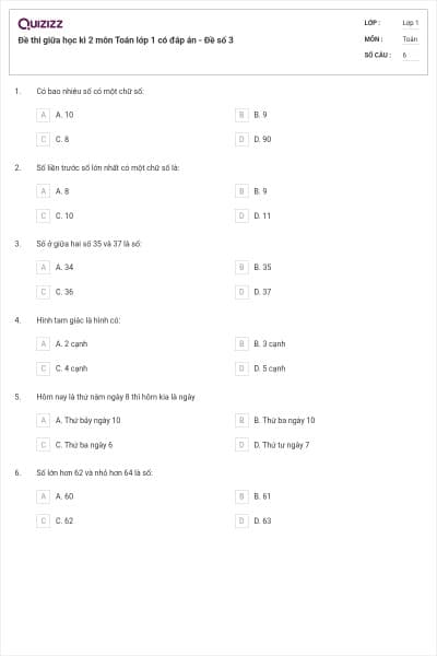 Đề thi giữa học kì 2 môn Toán lớp 1 có đáp án - Đề số 3