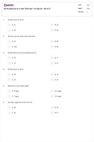 Đề thi giữa học kì 2 môn Toán lớp 1 có đáp án - Đề số 4