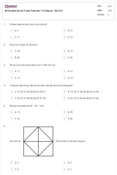 Đề thi giữa học kì 2 môn Toán lớp 1 có đáp án - Đề số 6