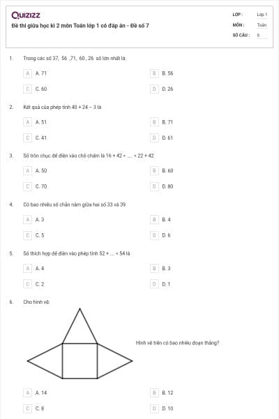 Đề thi giữa học kì 2 môn Toán lớp 1 có đáp án - Đề số 7