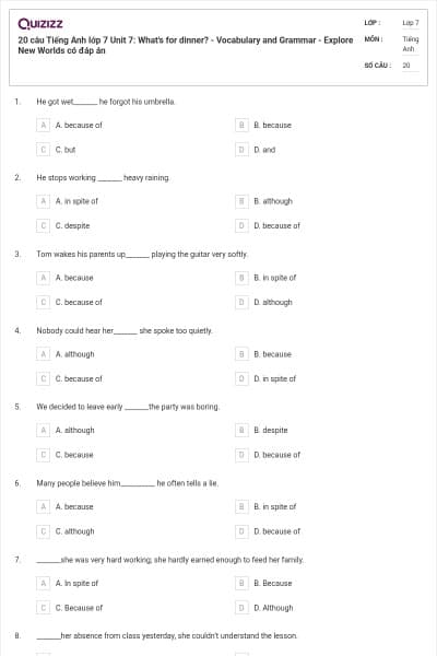 20 câu Tiếng Anh lớp 7 Unit 7: What's for dinner? - Vocabulary and Grammar - Explore New Worlds có đáp án