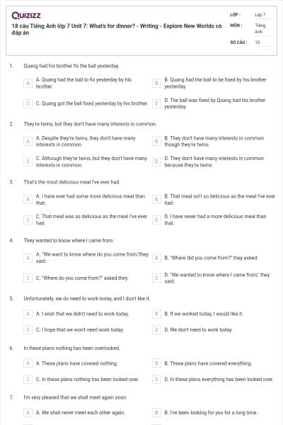 18 câu Tiếng Anh lớp 7 Unit 7: What's for dinner? - Writing - Explore New Worlds có đáp án