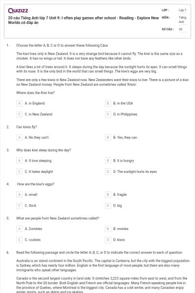 20 câu Tiếng Anh lớp 7 Unit 9: I often play games after school - Reading - Explore New Worlds có đáp án