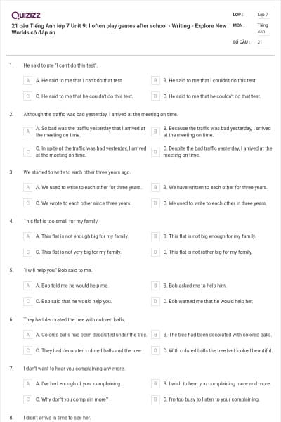 21 câu Tiếng Anh lớp 7 Unit 9: I often play games after school - Writing - Explore New Worlds có đáp án