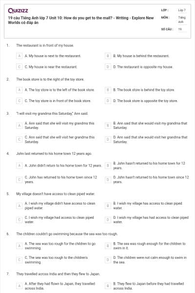 19 câu Tiếng Anh lớp 7 Unit 10: How do you get to the mall? - Writing - Explore New Worlds có đáp án