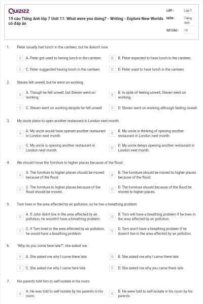 19 câu Tiếng Anh lớp 7 Unit 11: What were you doing? - Writing - Explore New Worlds có đáp án