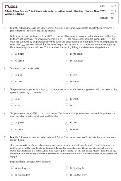 18 câu Tiếng Anh lớp 7 Unit 5: Are cats better pets than dogs? - Reading  - Explore New Worlds có đáp án