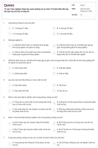 15 câu Trắc nghiệm Giáo dục quốc phòng và an ninh 10 Cánh diều Ma túy, tác hại của ma túy có đáp án