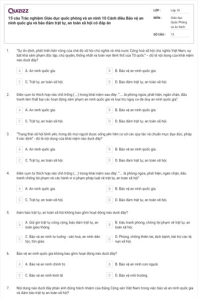 15 câu Trắc nghiệm Giáo dục quốc phòng và an ninh 10 Cánh diều Bảo vệ an ninh quốc gia và bảo đảm trật tự, an toàn xã hội có đáp án