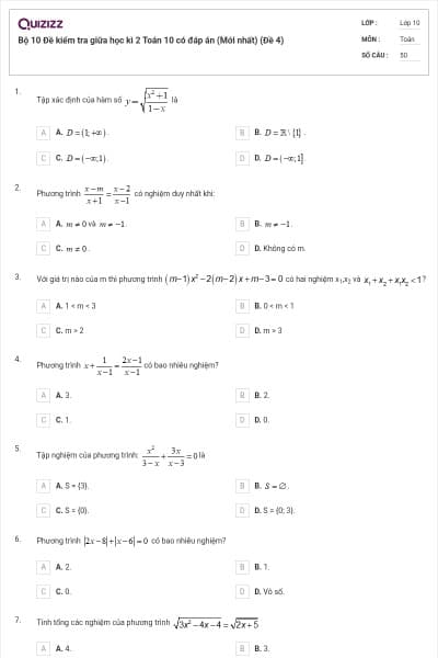 Bộ 10 Đề kiểm tra giữa học kì 2 Toán 10 có đáp án (Mới nhất) (Đề 4)
