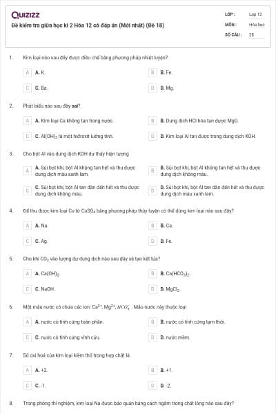 Đề kiểm tra giữa học kì 2 Hóa 12 có đáp án (Mới nhất) (Đề 18)