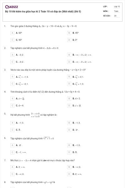 Bộ 10 Đề kiểm tra giữa học kì 2 Toán 10 có đáp án (Mới nhất) (Đề 5)