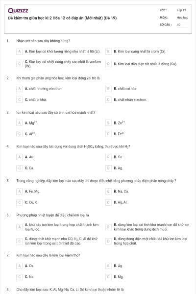 Đề kiểm tra giữa học kì 2 Hóa 12 có đáp án (Mới nhất) (Đề 19)