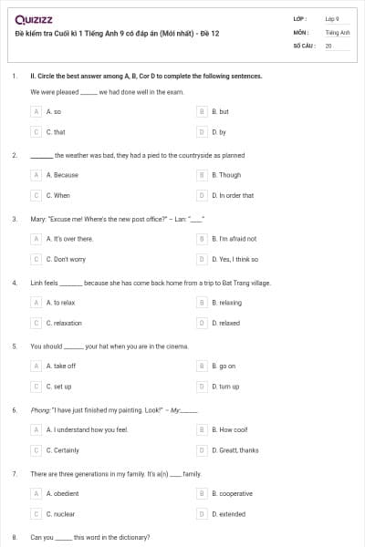 Đề kiểm tra Cuối kì 1 Tiếng Anh 9 có đáp án (Mới nhất) - Đề 12