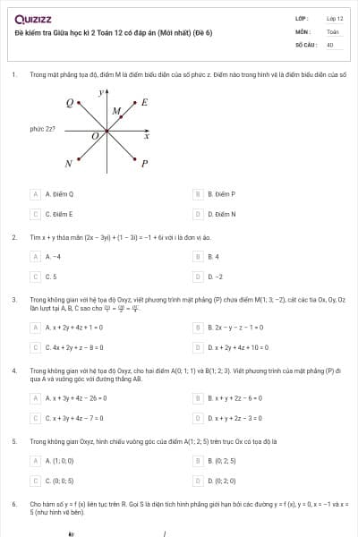 Đề kiểm tra Giữa học kì 2 Toán 12 có đáp án (Mới nhất) (Đề 6)