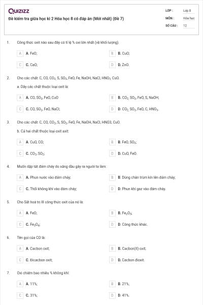 Đề kiểm tra giữa học kì 2 Hóa học 8 có đáp án (Mới nhất) (Đề 7)
