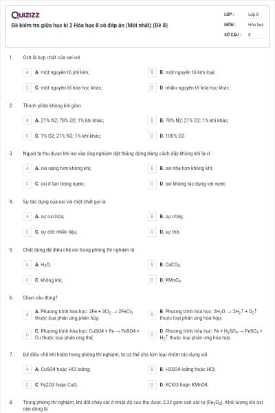 Đề kiểm tra giữa học kì 2 Hóa học 8 có đáp án (Mới nhất) (Đề 8)