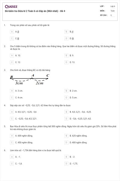 Đề kiểm tra Giữa kì 2 Toán 6 có đáp án (Mới nhất) - Đề 4